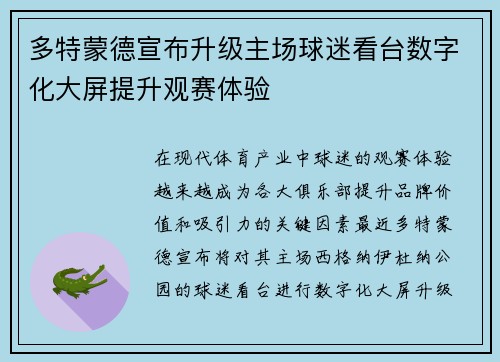 多特蒙德宣布升级主场球迷看台数字化大屏提升观赛体验